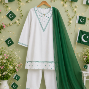 Girls White & Green Lawn Independence Day Dress