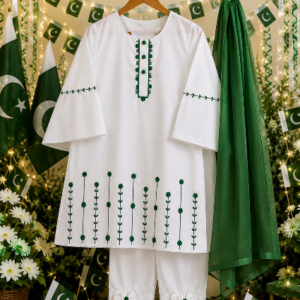 Elegant White & Green Embroidered 3-Piece Outfit