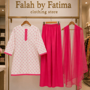 Girls White & Hot Pink Embroidered Kurta Farshi Shalwar with Chiffon Dupatta – 3 Piece