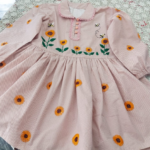 Beautiful Pink Striped Girls' Cotton Dress with Sunflower Embroidery