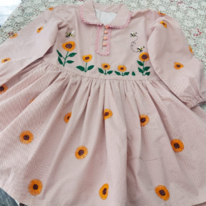 Beautiful Pink Striped Girls' Cotton Dress with Sunflower Embroidery