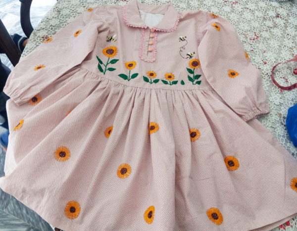 Beautiful Pink Striped Girls' Cotton Dress with Sunflower Embroidery
